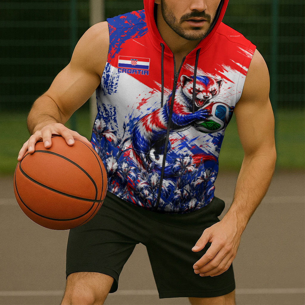 Personalized Croatia Marten Soccer Sleeveless Zip Hoodie Croatian Flag Abstract Brush Stroke