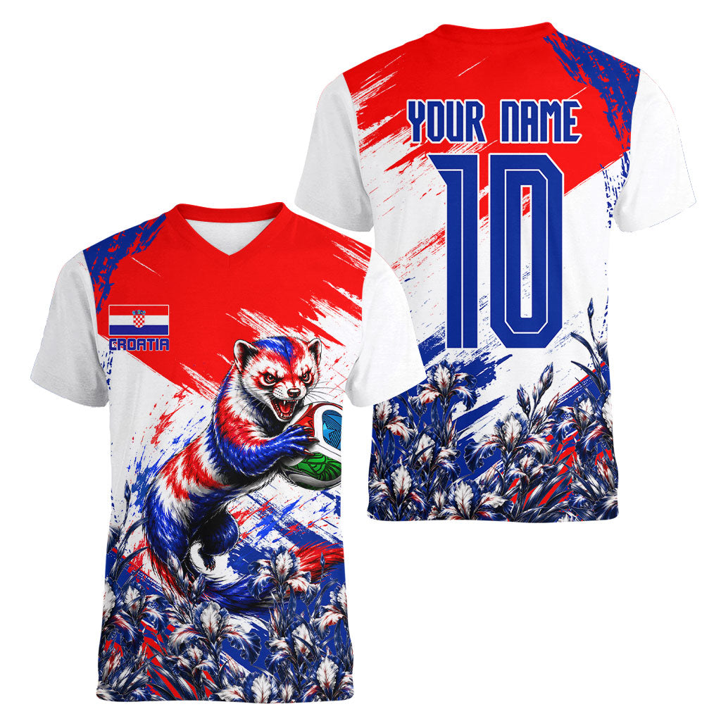 Personalized Croatia Marten Soccer Women V-Neck T-Shirt Croatian Flag Abstract Brush Stroke