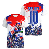 Personalized Croatia Marten Soccer Women V-Neck T-Shirt Croatian Flag Abstract Brush Stroke