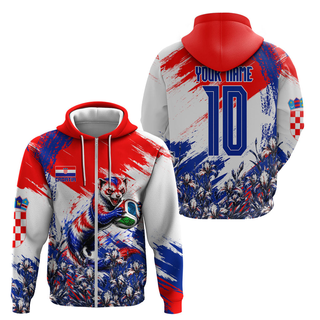 Personalized Croatia Marten Soccer Zip Hoodie Croatian Flag Abstract Brush Stroke