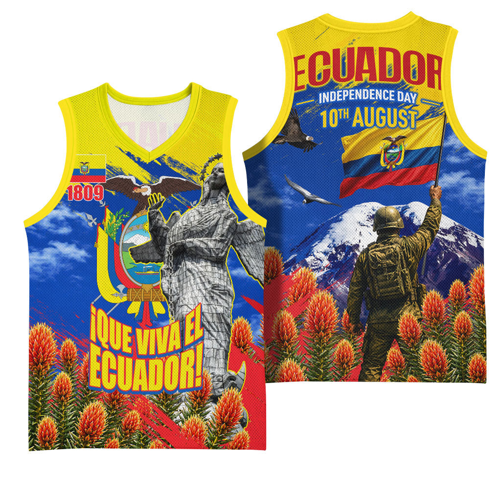Ecuador Independence Day August 10 Basketball Jersey Patriotic Heritage Virgin Statue And Soldier
