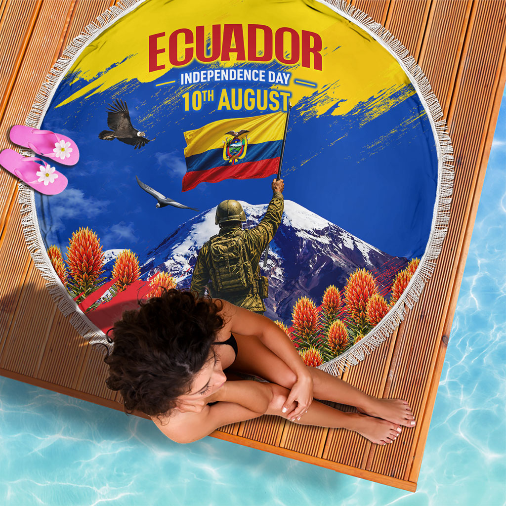 Ecuador Independence Day August 10 Beach Blanket Patriotic Heritage Virgin Statue And Soldier