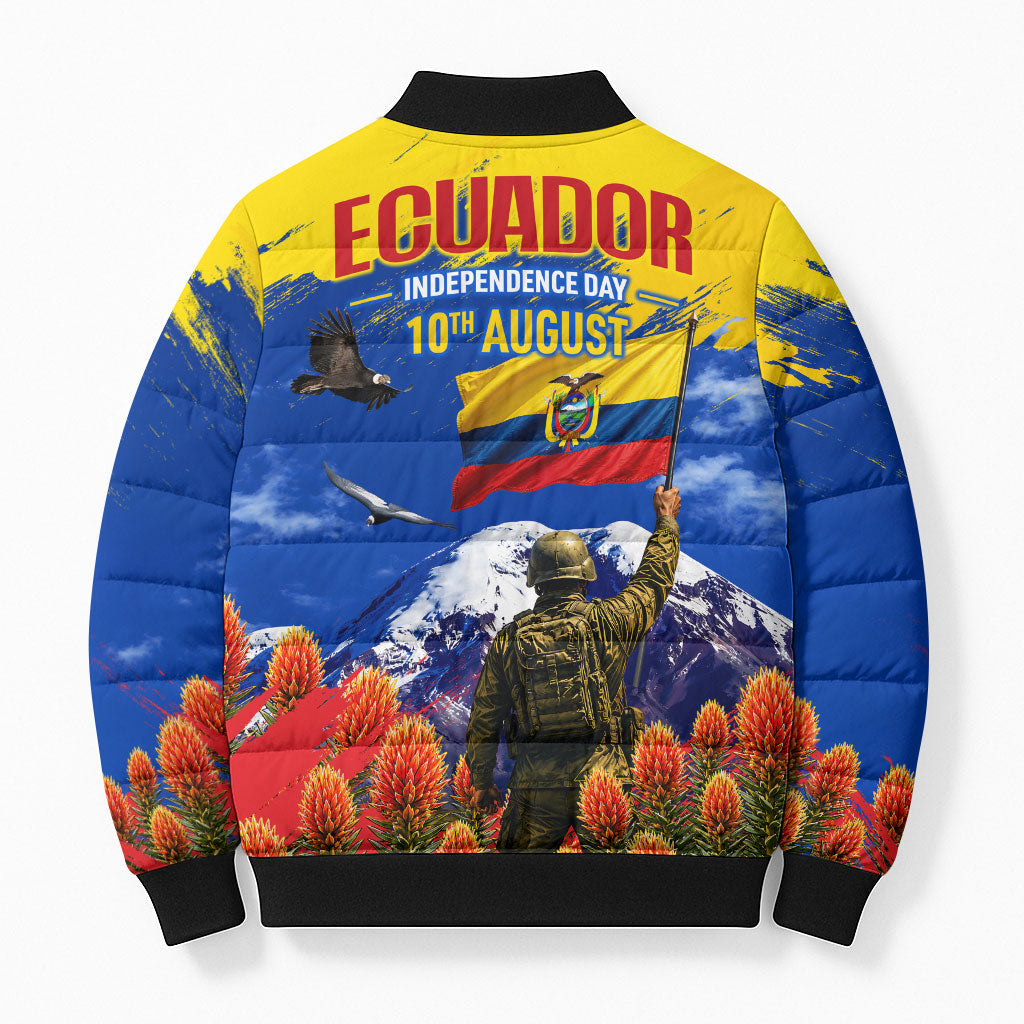 Ecuador Independence Day August 10 Bomber Puffer Jacket Patriotic Heritage Virgin Statue And Soldier