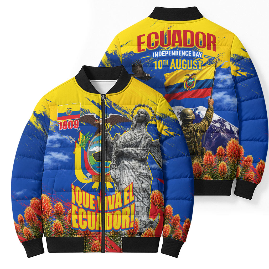 Ecuador Independence Day August 10 Bomber Puffer Jacket Patriotic Heritage Virgin Statue And Soldier