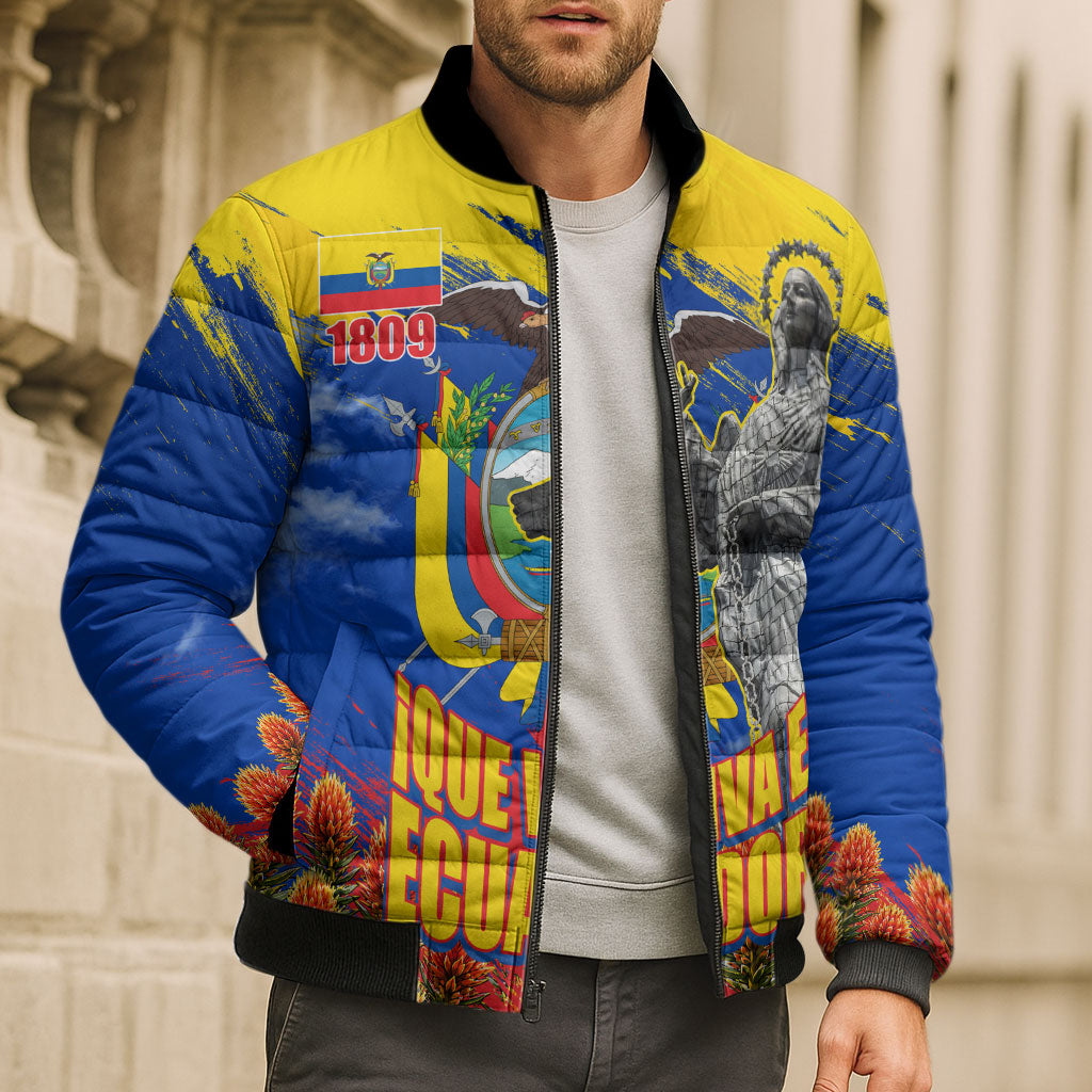 Ecuador Independence Day August 10 Bomber Puffer Jacket Patriotic Heritage Virgin Statue And Soldier