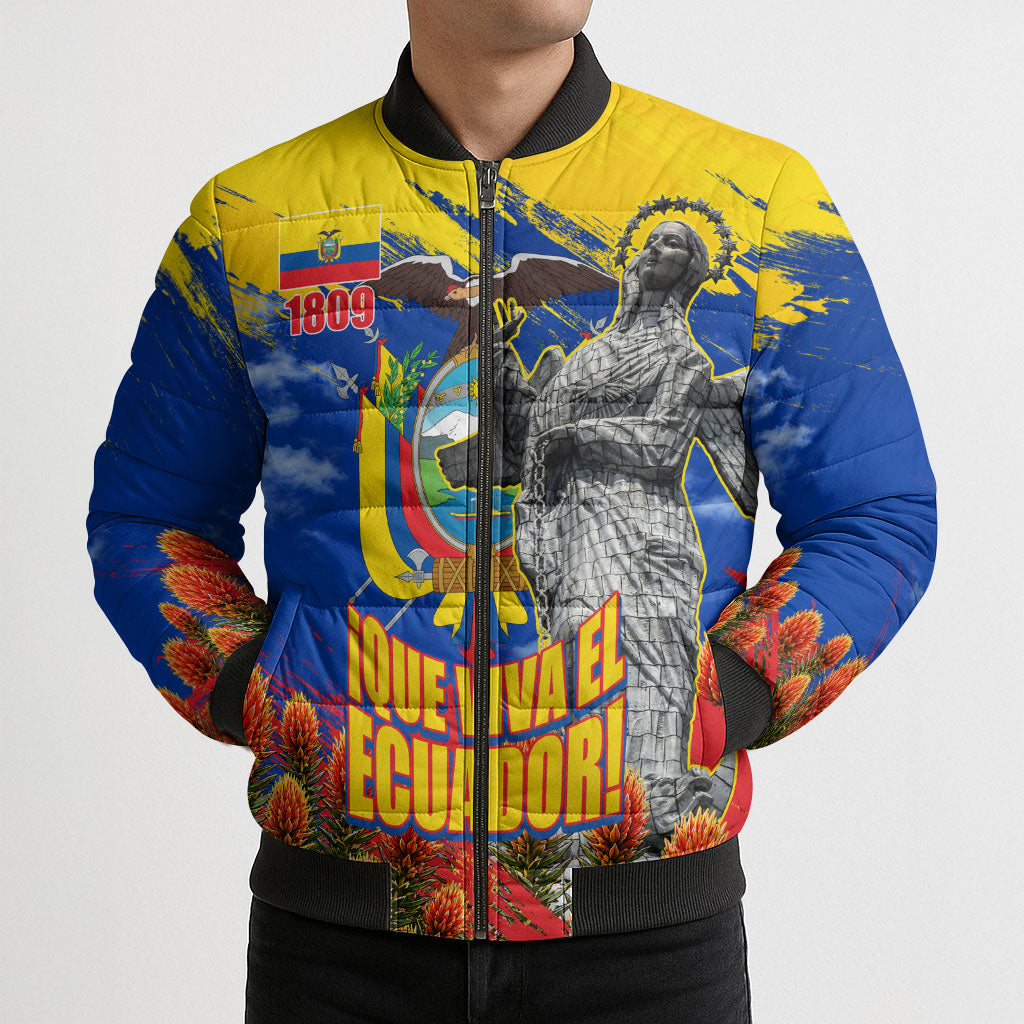 Ecuador Independence Day August 10 Bomber Puffer Jacket Patriotic Heritage Virgin Statue And Soldier