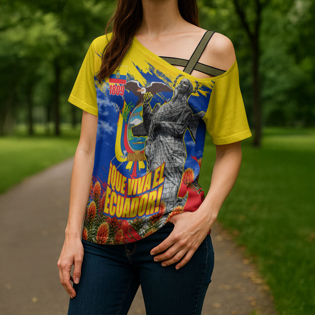 Ecuador Independence Day August 10 Cross Shoulder Shirt Patriotic Heritage Virgin Statue And Soldier
