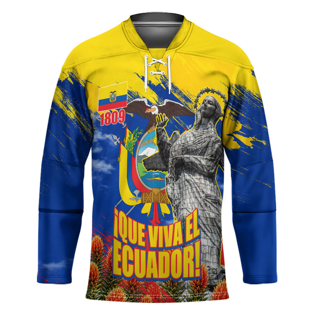 Ecuador Independence Day August 10 Hockey Jersey Patriotic Heritage Virgin Statue And Soldier
