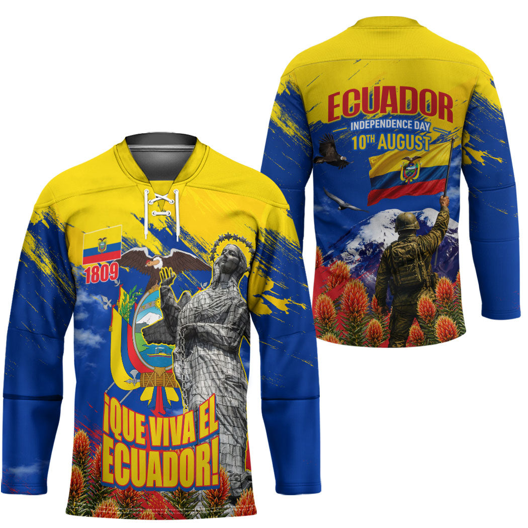 Ecuador Independence Day August 10 Hockey Jersey Patriotic Heritage Virgin Statue And Soldier