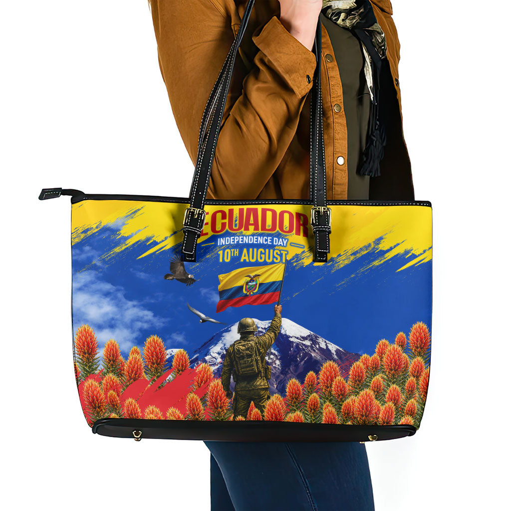 Ecuador Independence Day August 10 Leather Tote Bag Patriotic Heritage Virgin Statue And Soldier