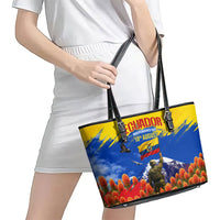 Ecuador Independence Day August 10 Leather Tote Bag Patriotic Heritage Virgin Statue And Soldier