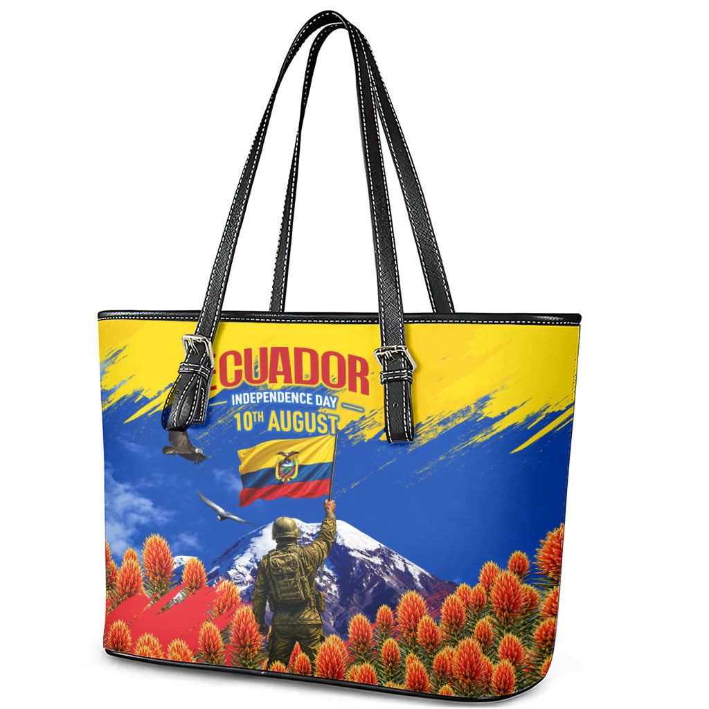 Ecuador Independence Day August 10 Leather Tote Bag Patriotic Heritage Virgin Statue And Soldier