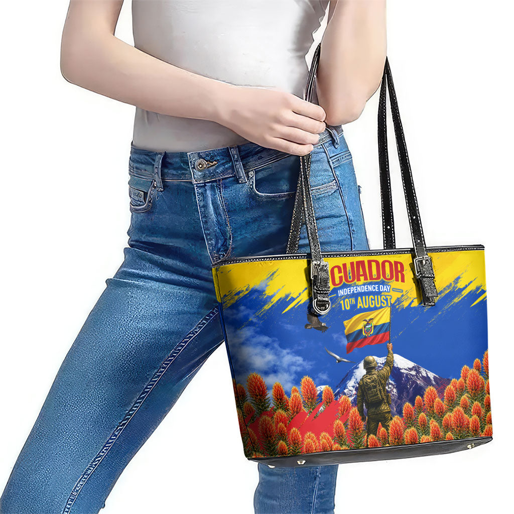 Ecuador Independence Day August 10 Leather Tote Bag Patriotic Heritage Virgin Statue And Soldier