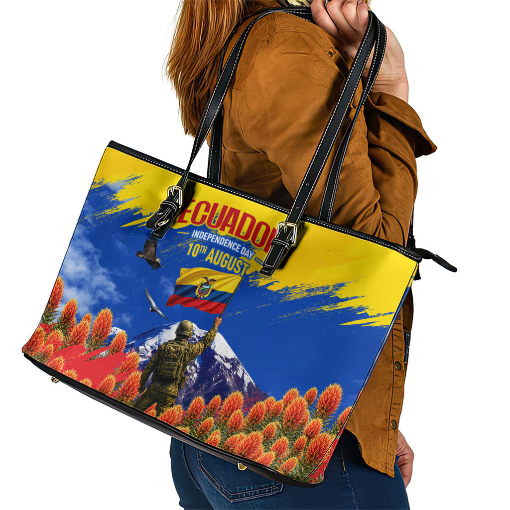 Ecuador Independence Day August 10 Leather Tote Bag Patriotic Heritage Virgin Statue And Soldier