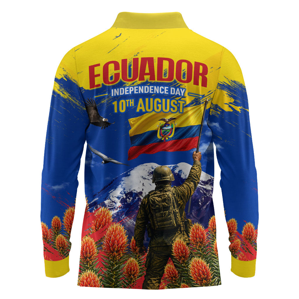 Ecuador Independence Day August 10 Long Sleeve Polo Shirt Patriotic Heritage Virgin Statue And Soldier