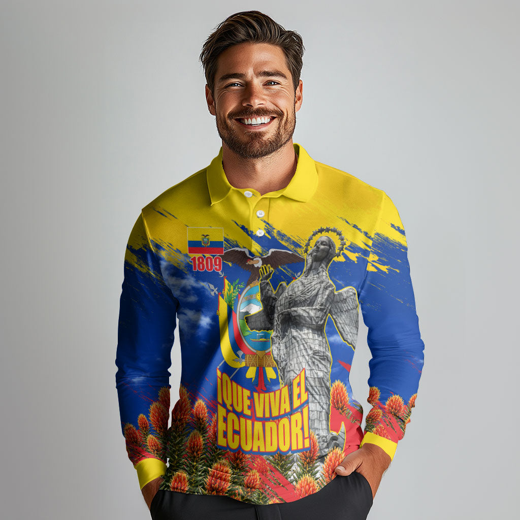 Ecuador Independence Day August 10 Long Sleeve Polo Shirt Patriotic Heritage Virgin Statue And Soldier