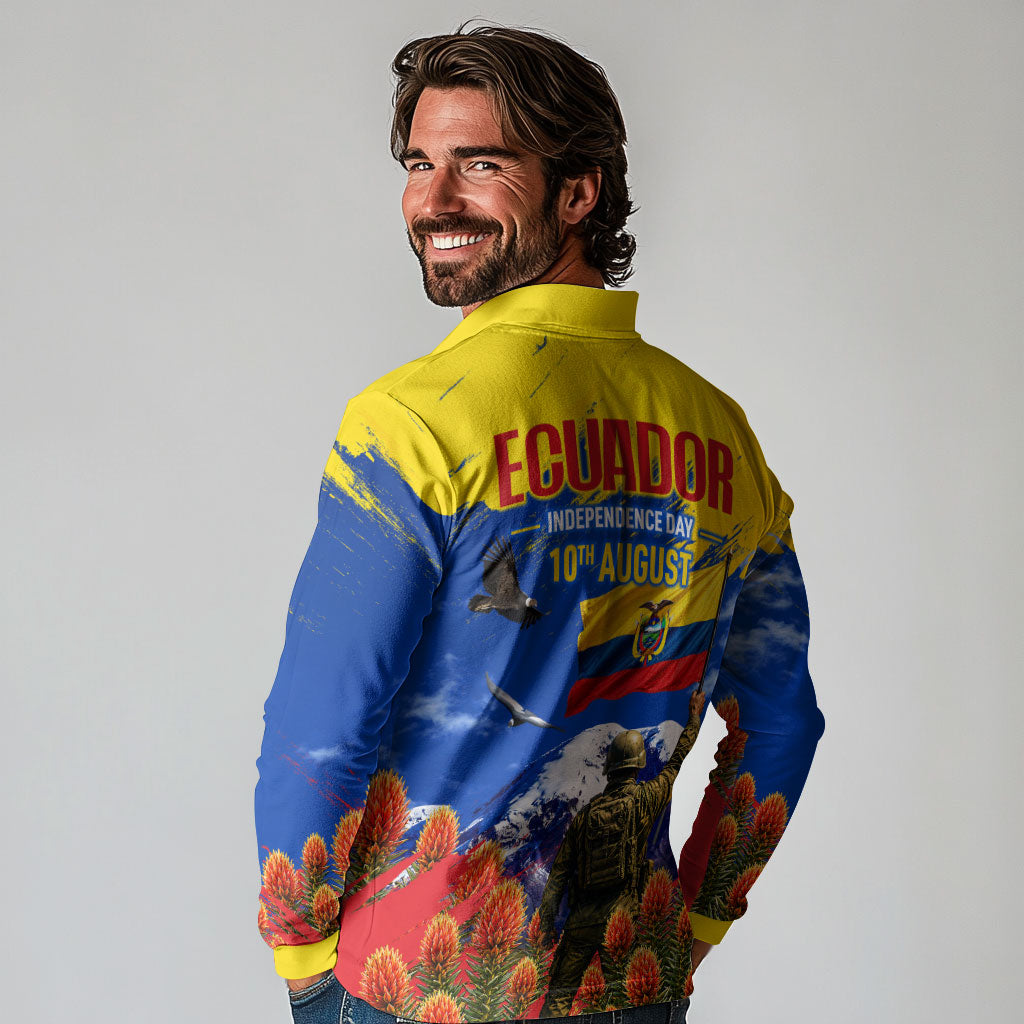 Ecuador Independence Day August 10 Long Sleeve Polo Shirt Patriotic Heritage Virgin Statue And Soldier