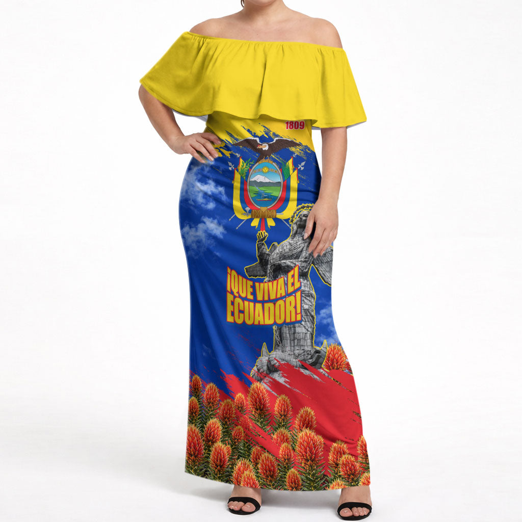 Ecuador Independence Day August 10 Off Shoulder Maxi Dress Patriotic Heritage Virgin Statue And Soldier