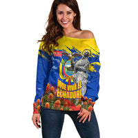 Ecuador Independence Day August 10 Off Shoulder Sweater Patriotic Heritage Virgin Statue And Soldier
