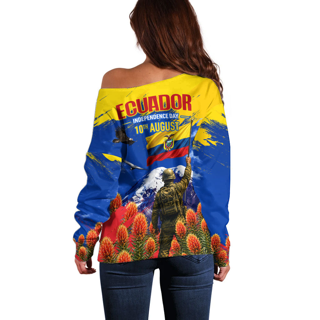 Ecuador Independence Day August 10 Off Shoulder Sweater Patriotic Heritage Virgin Statue And Soldier