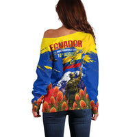 Ecuador Independence Day August 10 Off Shoulder Sweater Patriotic Heritage Virgin Statue And Soldier