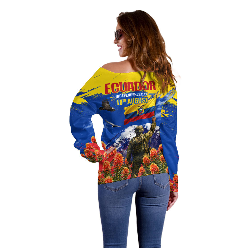 Ecuador Independence Day August 10 Off Shoulder Sweater Patriotic Heritage Virgin Statue And Soldier
