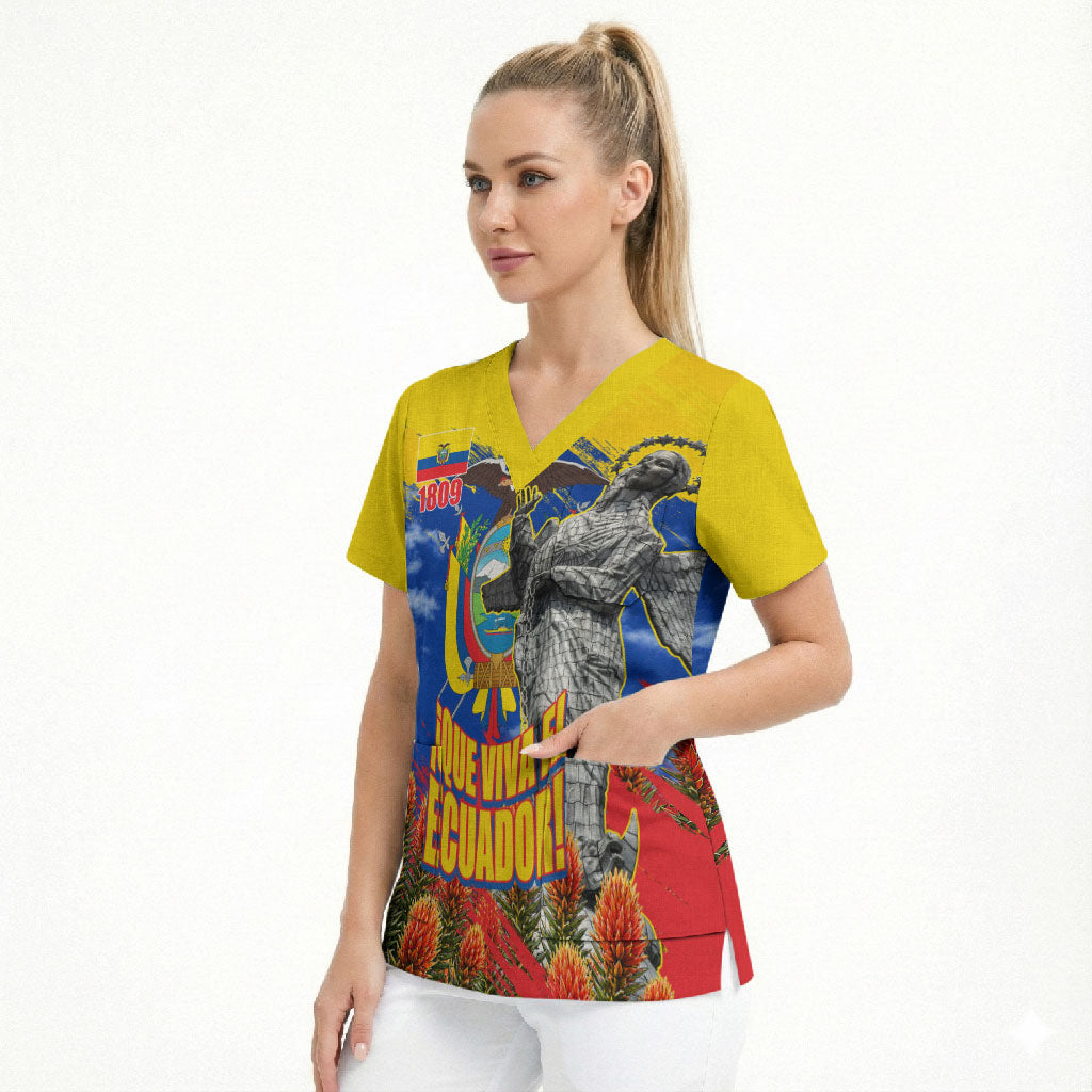 Ecuador Independence Day August 10 Scrub Top Patriotic Heritage Virgin Statue And Soldier