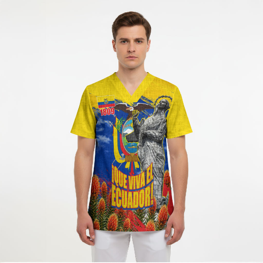 Ecuador Independence Day August 10 Scrub Top Patriotic Heritage Virgin Statue And Soldier