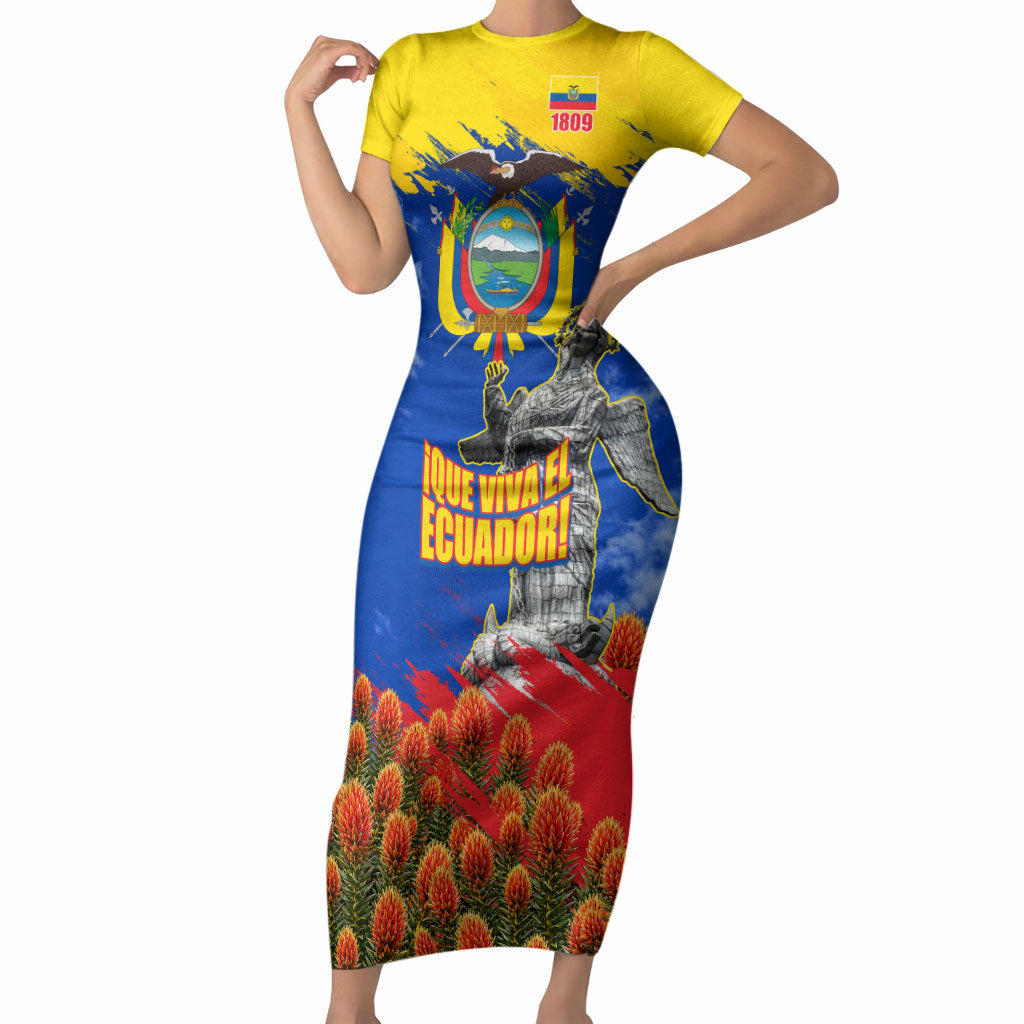 Ecuador Independence Day August 10 Short Sleeve Bodycon Dress Patriotic Heritage Virgin Statue And Soldier