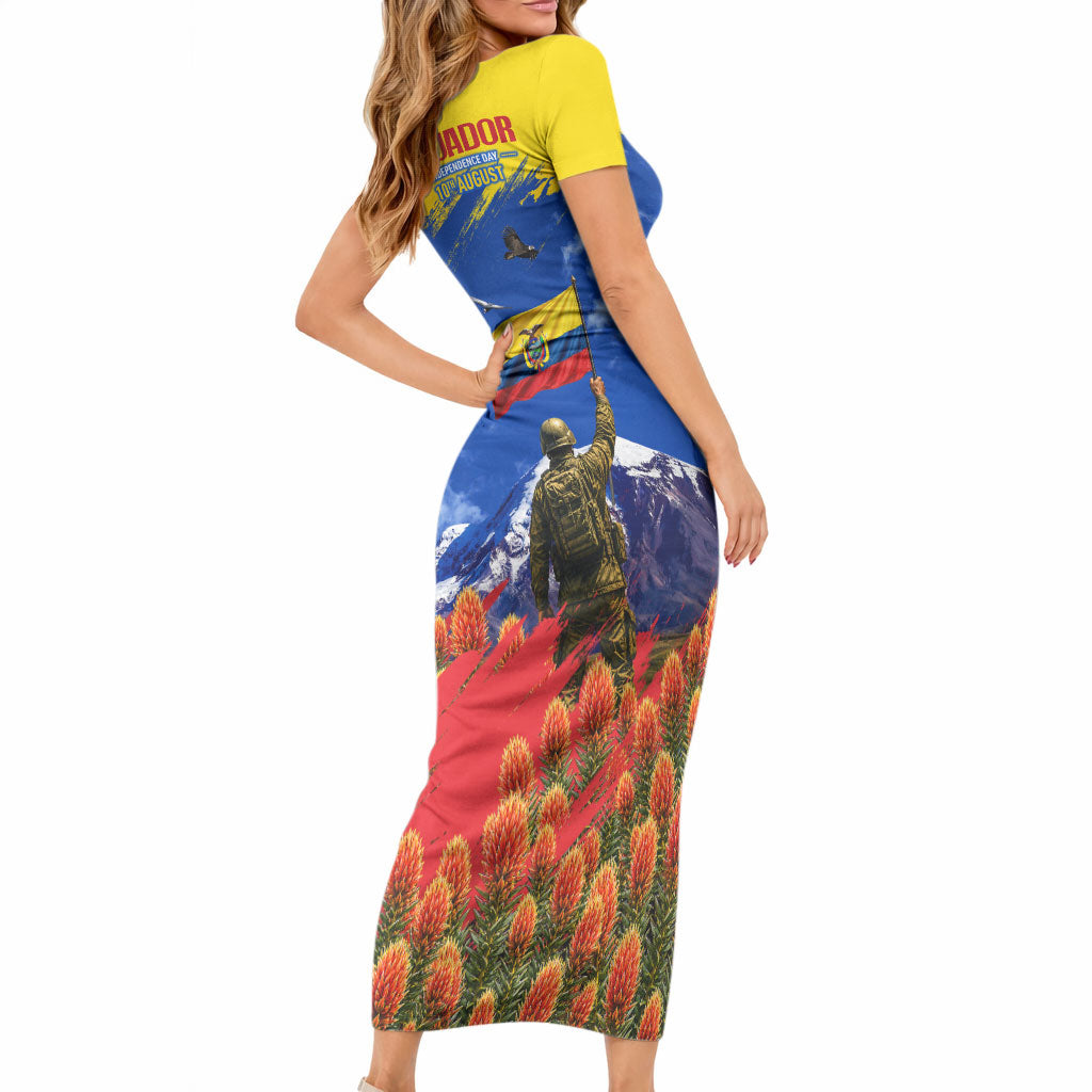 Ecuador Independence Day August 10 Short Sleeve Bodycon Dress Patriotic Heritage Virgin Statue And Soldier