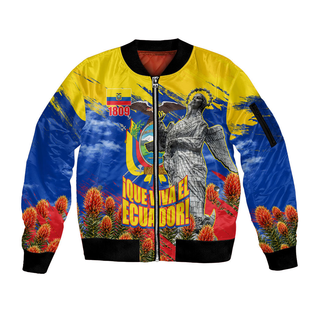 Ecuador Independence Day August 10 Sleeve Zip Bomber Jacket Patriotic Heritage Virgin Statue And Soldier