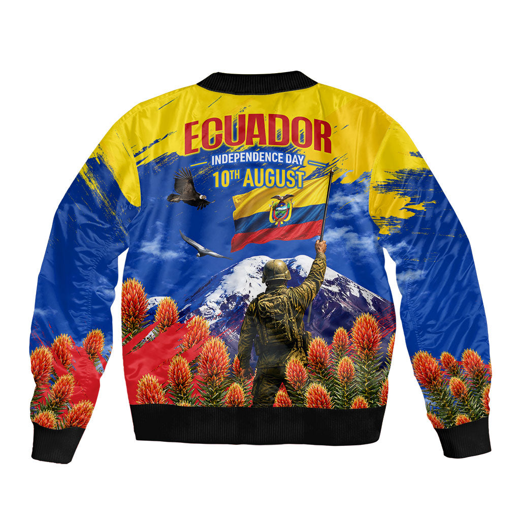 Ecuador Independence Day August 10 Sleeve Zip Bomber Jacket Patriotic Heritage Virgin Statue And Soldier