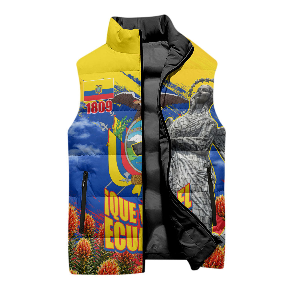 Ecuador Independence Day August 10 Sleeveless Puffer Jacket Patriotic Heritage Virgin Statue And Soldier