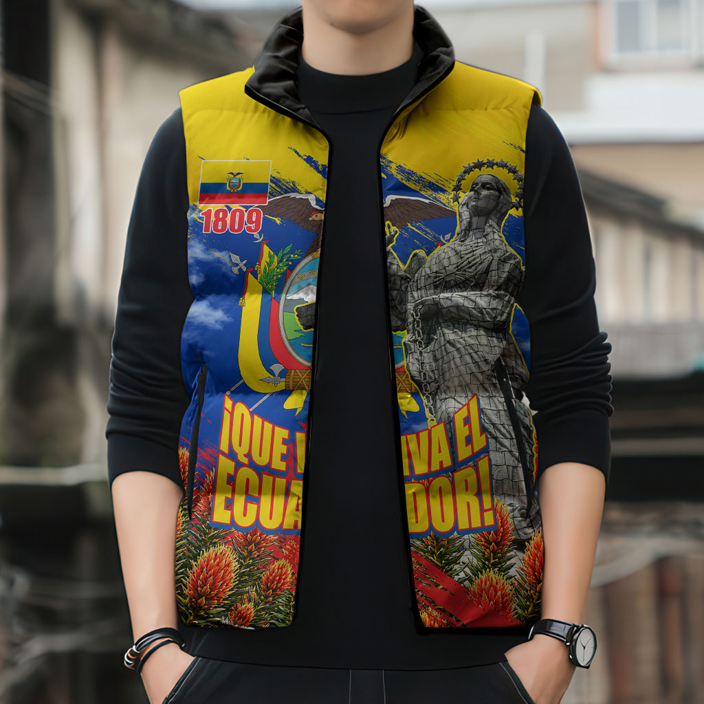 Ecuador Independence Day August 10 Sleeveless Puffer Jacket Patriotic Heritage Virgin Statue And Soldier