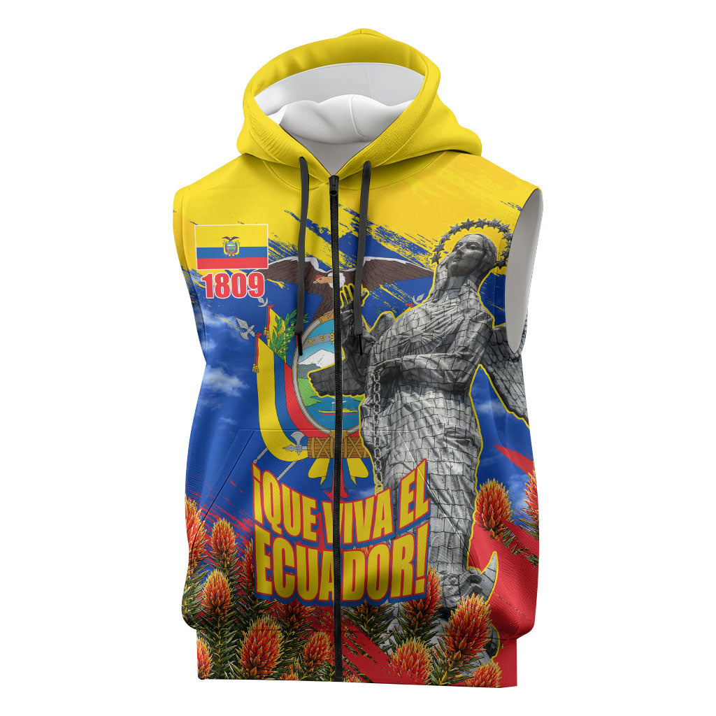 Ecuador Independence Day August 10 Sleeveless Zip Hoodie Patriotic Heritage Virgin Statue And Soldier