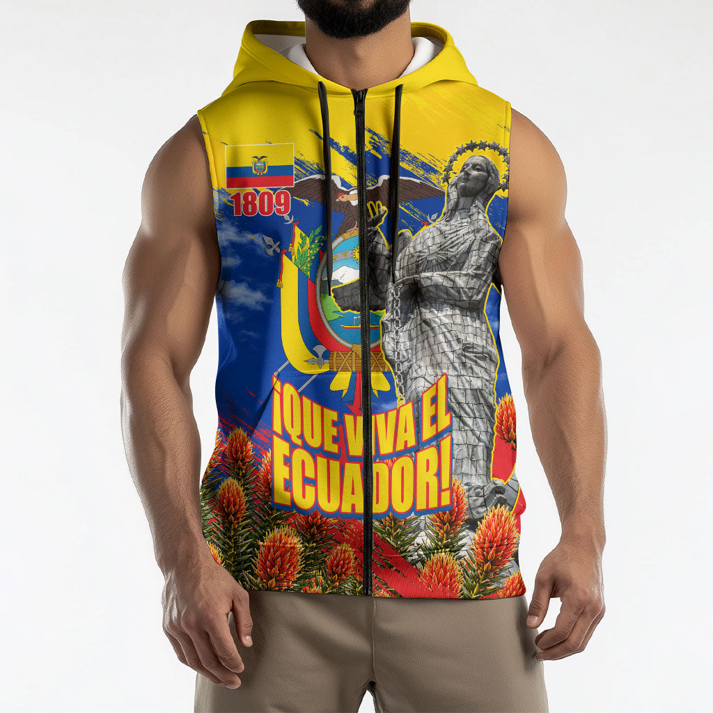 Ecuador Independence Day August 10 Sleeveless Zip Hoodie Patriotic Heritage Virgin Statue And Soldier