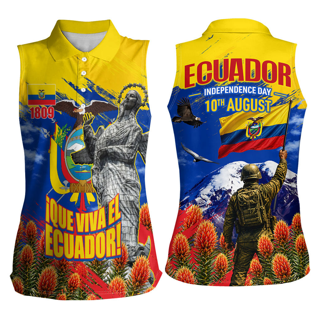 Ecuador Independence Day August 10 Women Sleeveless Polo Shirt Patriotic Heritage Virgin Statue And Soldier