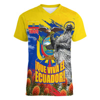 Ecuador Independence Day August 10 Women V-Neck T-Shirt Patriotic Heritage Virgin Statue And Soldier