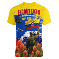 Ecuador Independence Day August 10 Women V-Neck T-Shirt Patriotic Heritage Virgin Statue And Soldier