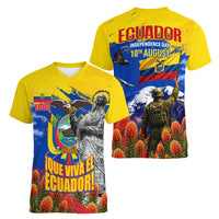 Ecuador Independence Day August 10 Women V-Neck T-Shirt Patriotic Heritage Virgin Statue And Soldier