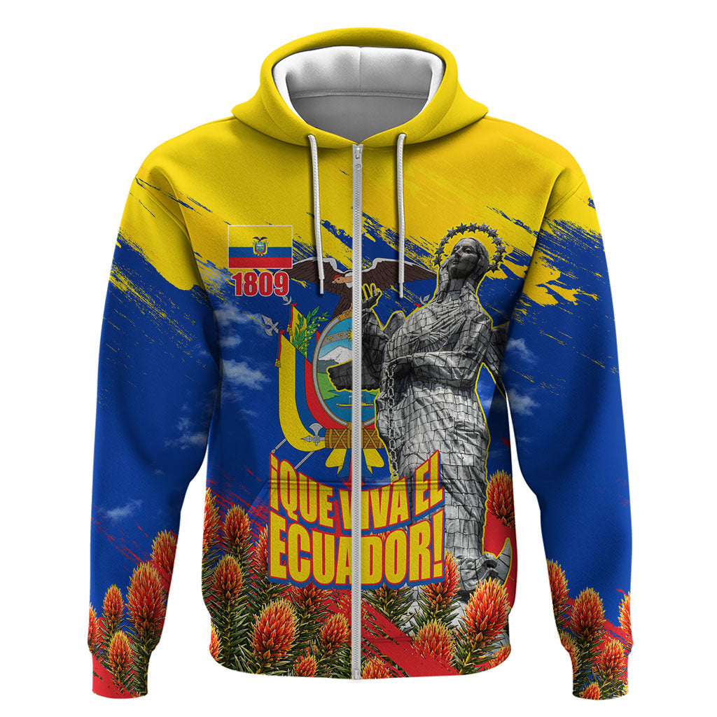 Ecuador Independence Day August 10 Zip Hoodie Patriotic Heritage Virgin Statue And Soldier