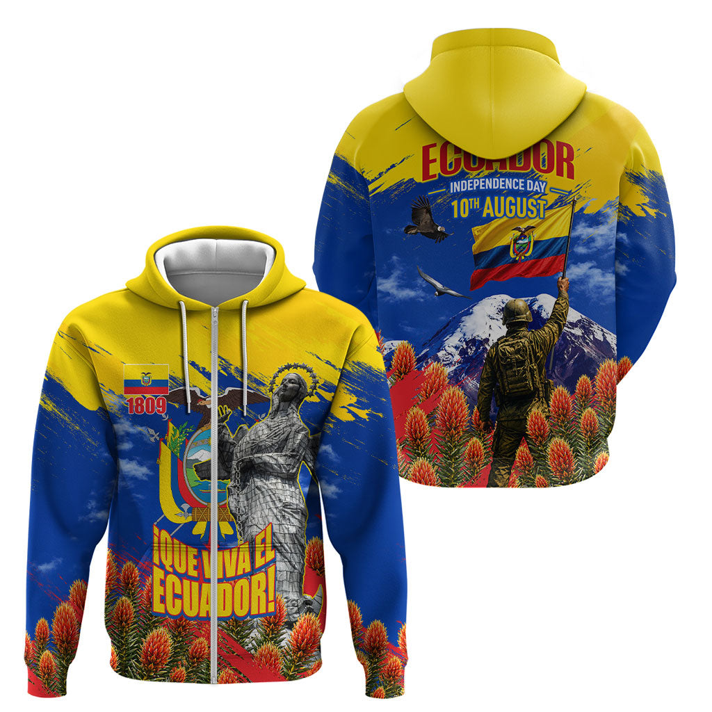 Ecuador Independence Day August 10 Zip Hoodie Patriotic Heritage Virgin Statue And Soldier