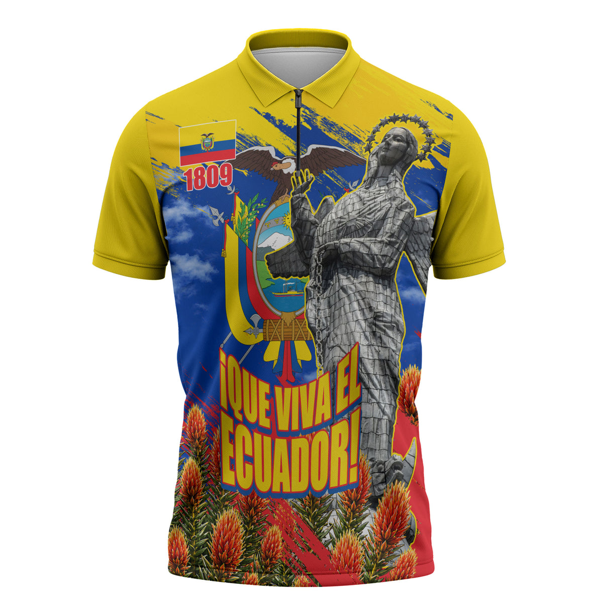 Ecuador Independence Day August 10 Zipper Polo Shirt Patriotic Heritage Virgin Statue And Soldier