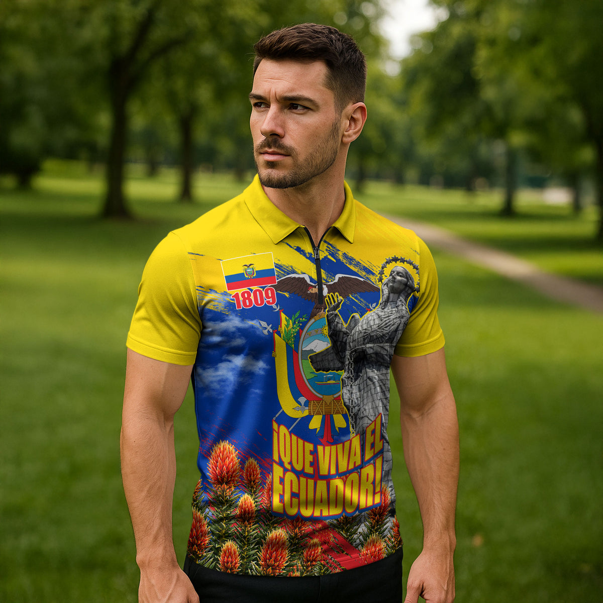 Ecuador Independence Day August 10 Zipper Polo Shirt Patriotic Heritage Virgin Statue And Soldier