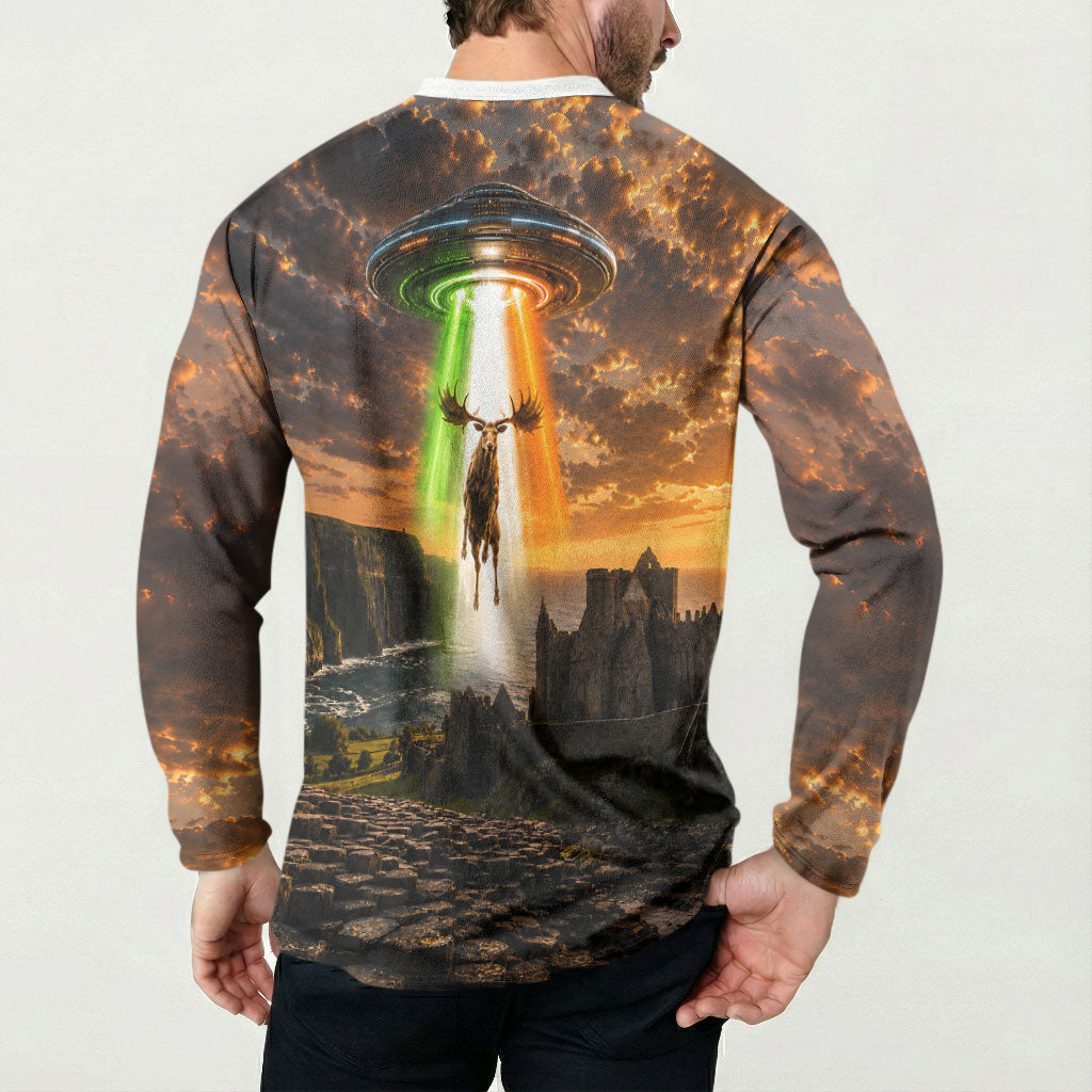 Ireland UFO Button Sweatshirt Irish Landscape Answer The Call