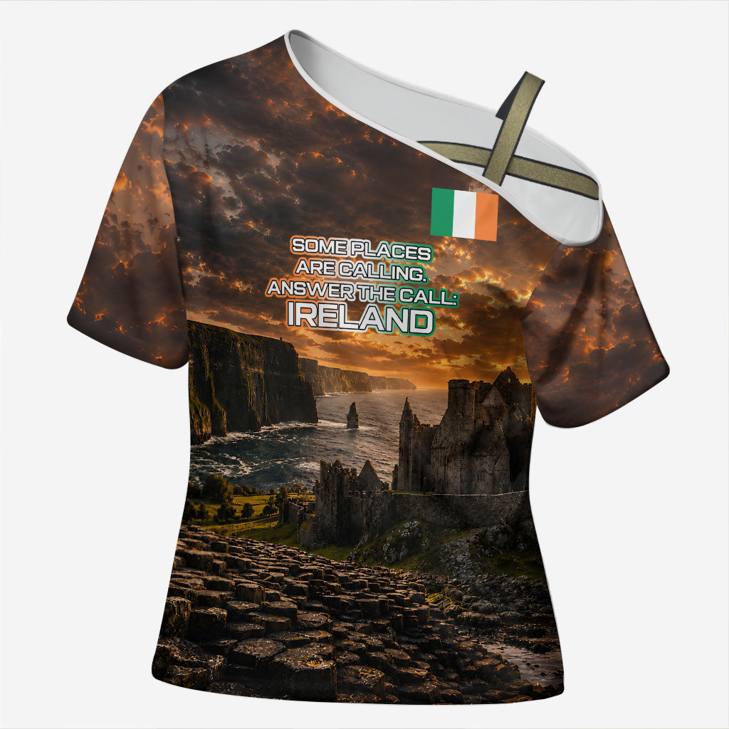 Ireland UFO Cross Shoulder Shirt Irish Landscape Answer The Call
