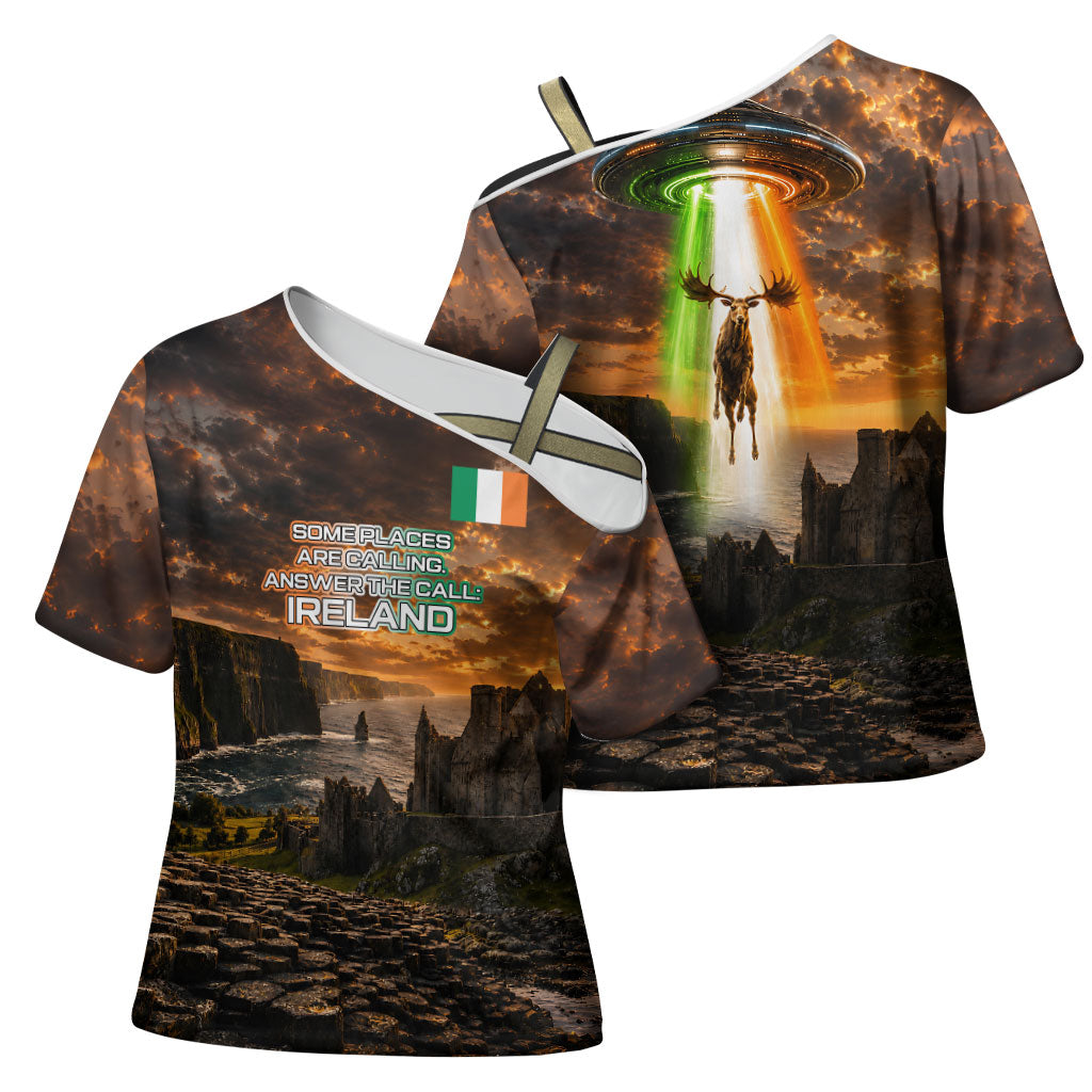 Ireland UFO Cross Shoulder Shirt Irish Landscape Answer The Call