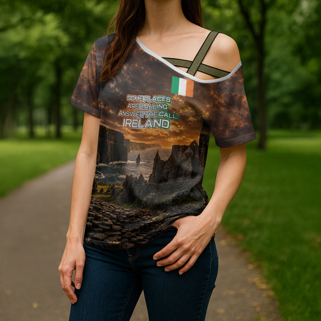 Ireland UFO Cross Shoulder Shirt Irish Landscape Answer The Call