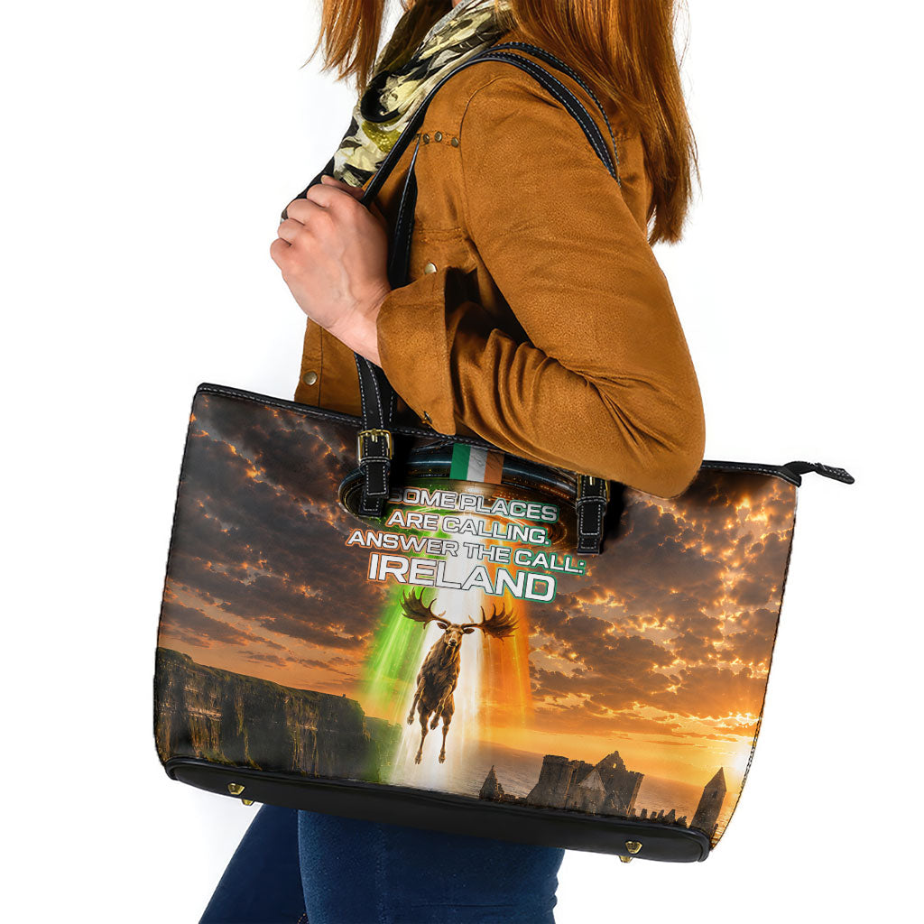 Ireland UFO Leather Tote Bag Irish Landscape Answer The Call