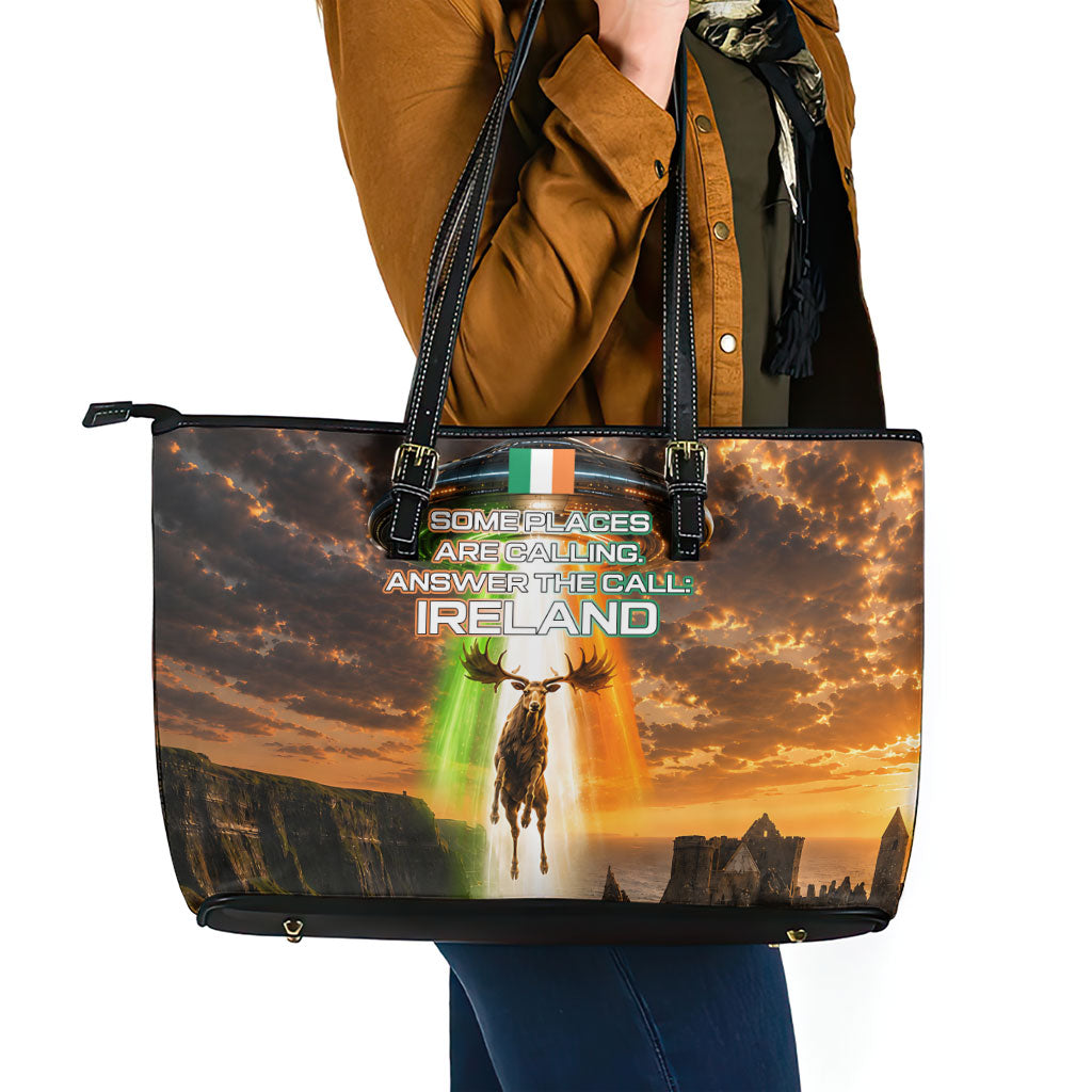 Ireland UFO Leather Tote Bag Irish Landscape Answer The Call